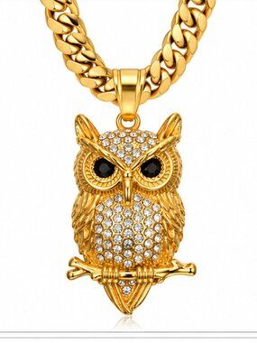 316L Stainless Steel Owl Crystal Pendant PVD Cuban Chain 24" 5mm Unisex Piece